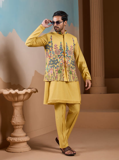 Ensemble Kurta Homme avec Veste Jaune Clair et broderies de fleurs romantiques COLLECTION ARVIN