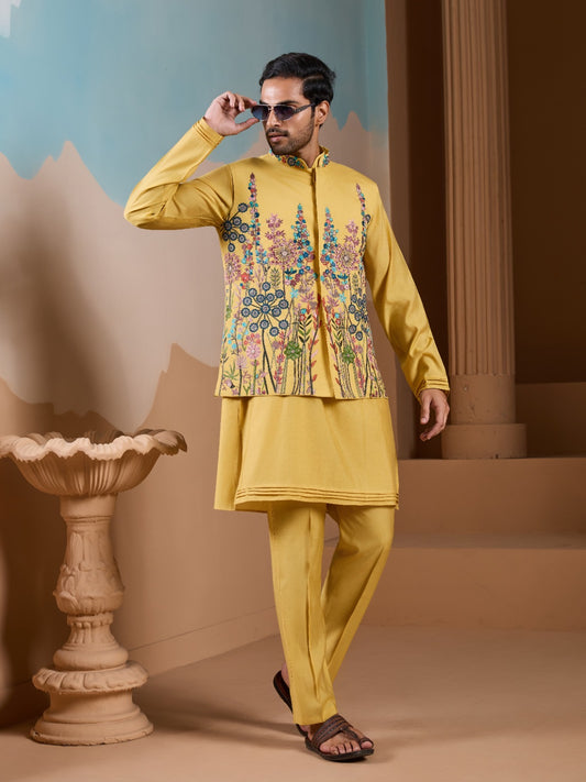 Ensemble Kurta Homme avec Veste Jaune Clair et broderies de fleurs romantiques COLLECTION ARVIN