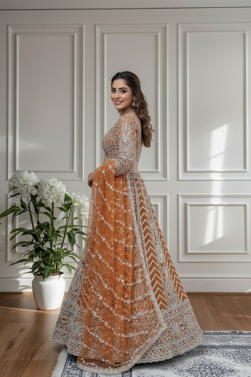 Lehenga orange rouille somptueux en butterfly net avec broderies de sequins