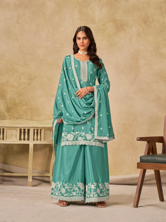 Salwar Palazzo bleu turquoise en soie chinon COLLECTION DIYA
