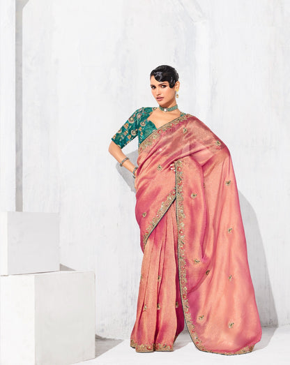 Sari rose clair glam organza fantaisie avec broderies COLLECTION LEYAA