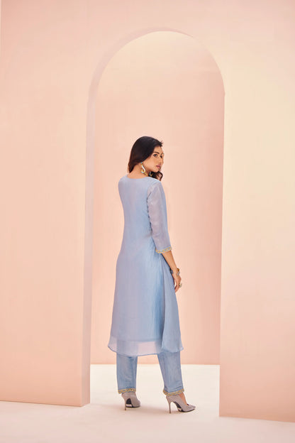 Salwar kameez en organza bleu-vert