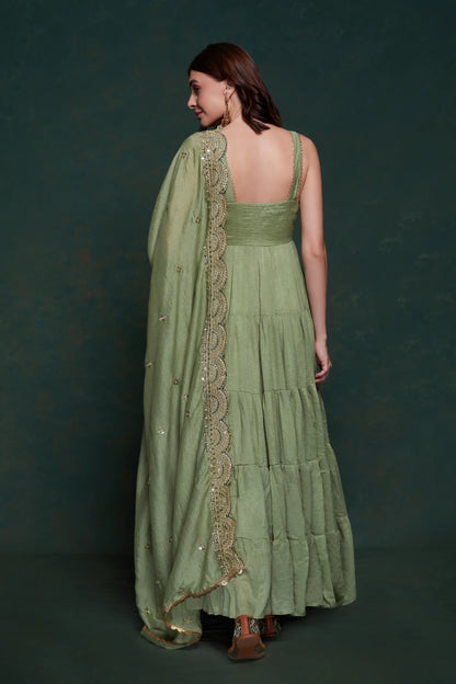 Pistachio georgette maxi dress with elegant dupatta