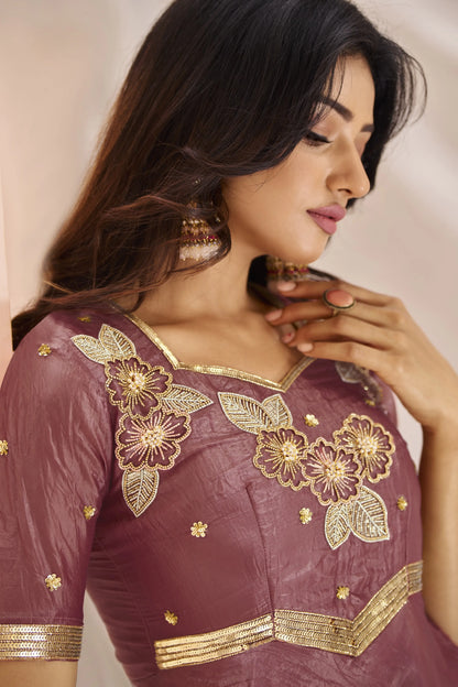 Kurta en Organza mauve  avec Broderie à la Main
