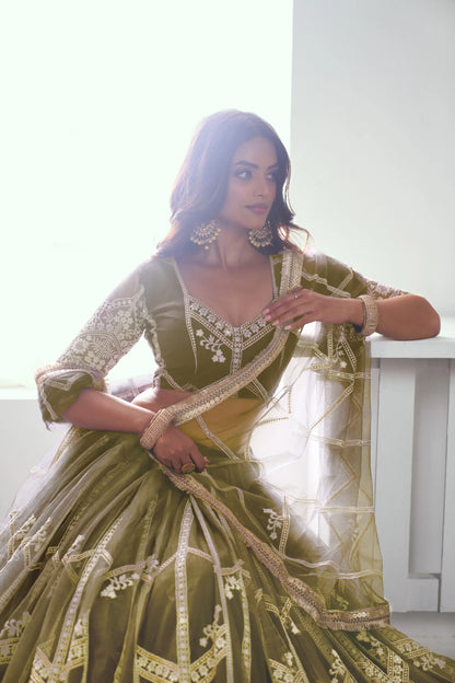 Olive green Lehenga Choli set in net fabric, adorned with delicate cotton thread embroidery and shiny sequins CHANDRALEKHA COLLECTION