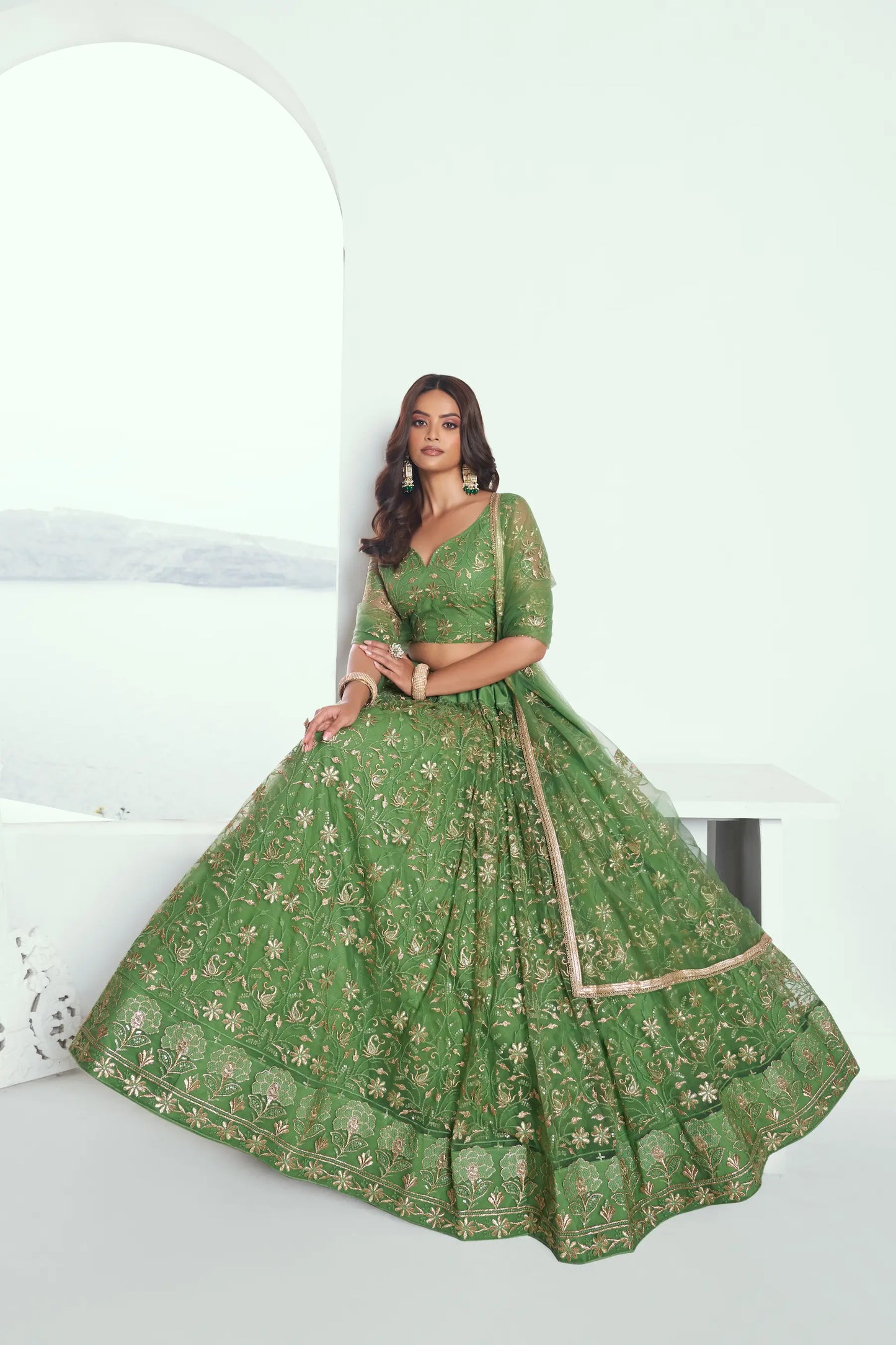 Lehenga Choli vert clair en résille avec broderie au fil de coton et sequins COLLECTION CHANDRALEKHA