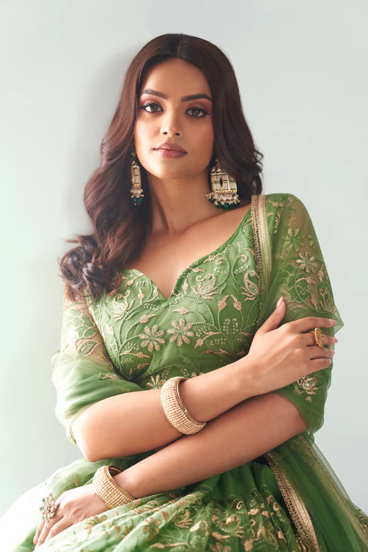 Lehenga Choli vert clair en résille avec broderie au fil de coton et sequins COLLECTION CHANDRALEKHA