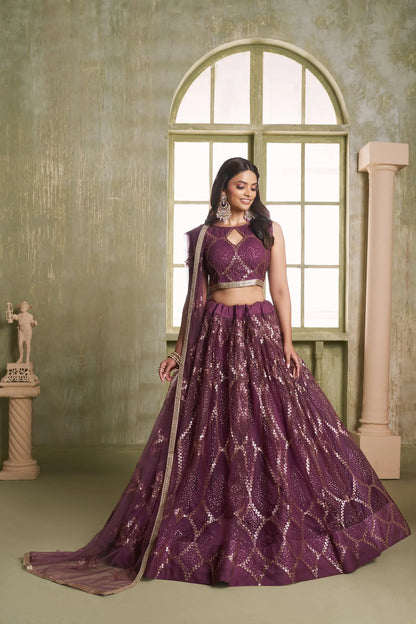 Traditional Garnet/Purple Red Party Lehenga Set with Embroidery CHANDRALEKHA COLLECTION