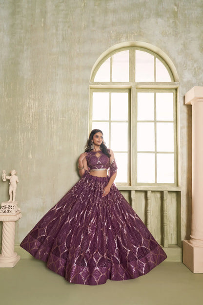 Traditional Garnet/Purple Red Party Lehenga Set with Embroidery CHANDRALEKHA COLLECTION