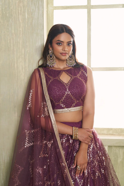 Traditional Garnet/Purple Red Party Lehenga Set with Embroidery CHANDRALEKHA COLLECTION