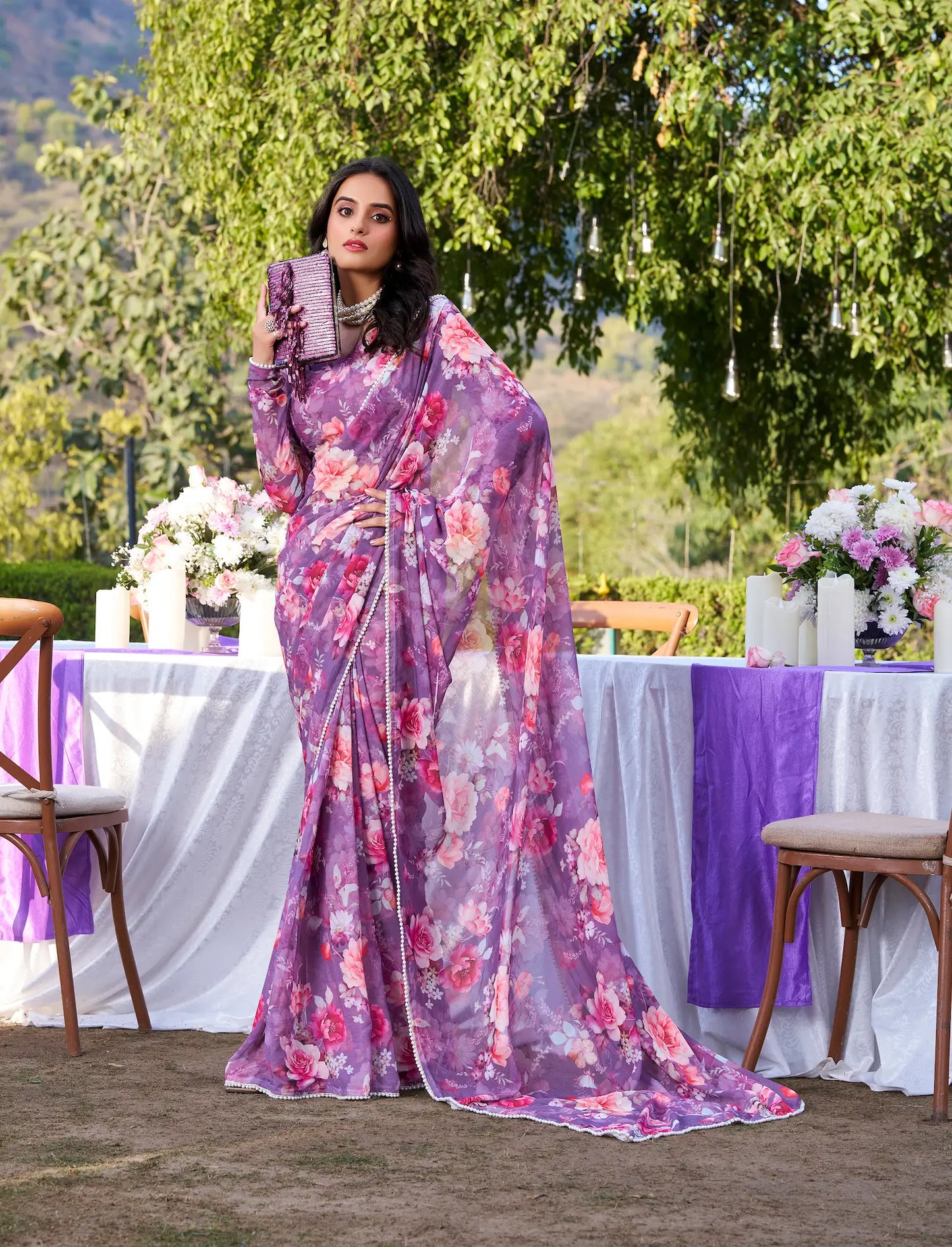 Sari fleuri Marbal Ultra-léger mauve et bordure en dentelle de perles, manches longues COLLECTION KATRINA