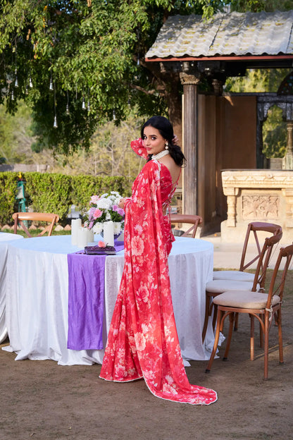 Sari Marbal ultra-léger rouge avec imprimé floral et bordure en dentelle de perles COLLECTION KATRINA