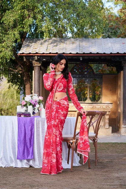 Sari Marbal ultra-léger rouge avec imprimé floral et bordure en dentelle de perles COLLECTION KATRINA