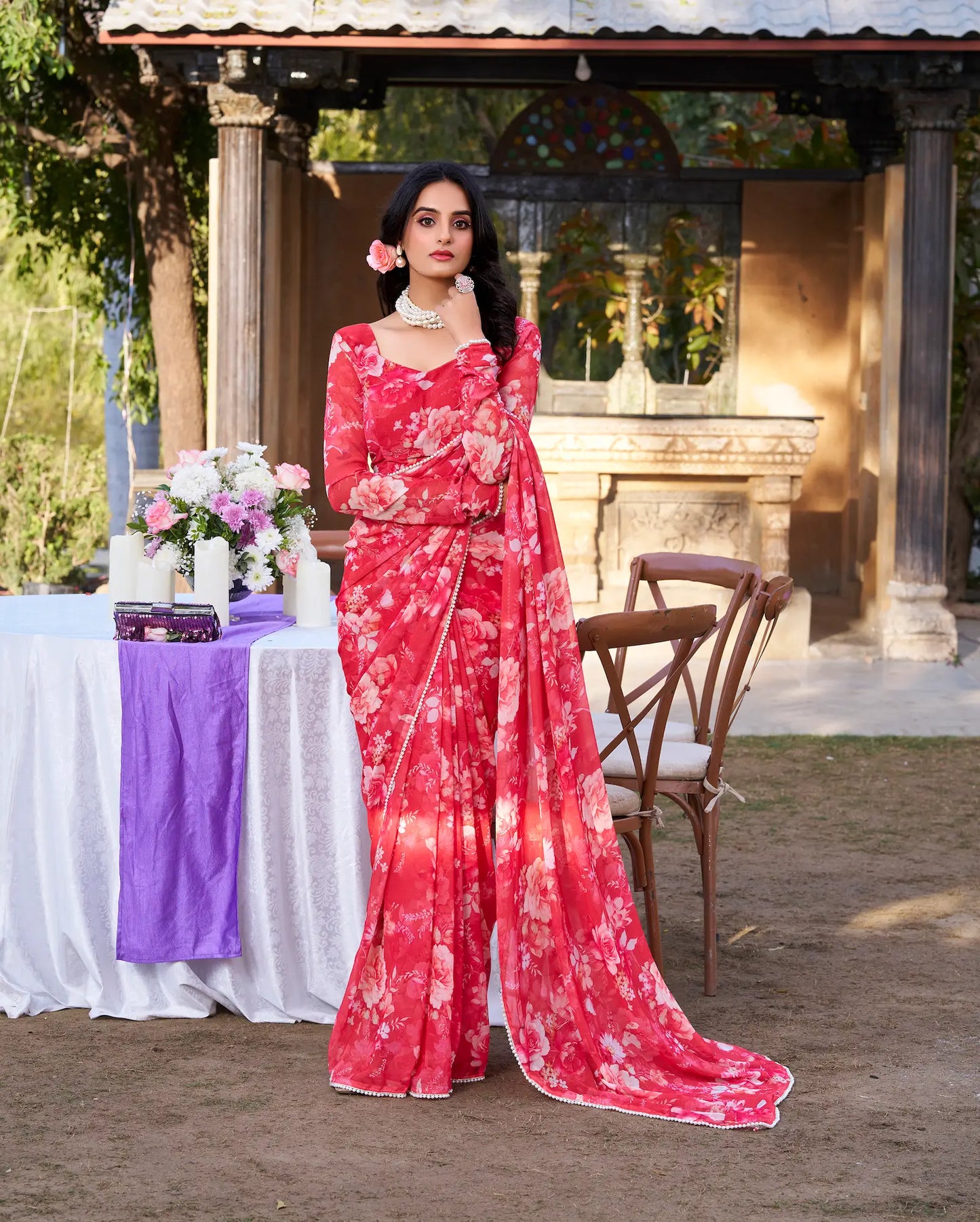 Sari Marbal ultra-léger rouge avec imprimé floral et bordure en dentelle de perles COLLECTION KATRINA