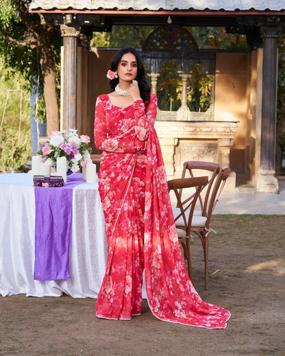 Sari Marbal ultra-léger rouge avec imprimé floral et bordure en dentelle de perles COLLECTION KATRINA