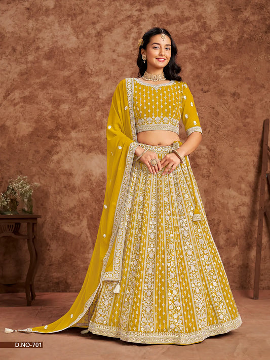 Designer Lehenga Choli gelb aus Kunstgeorgette mit Fadenstickerei und Pailletten