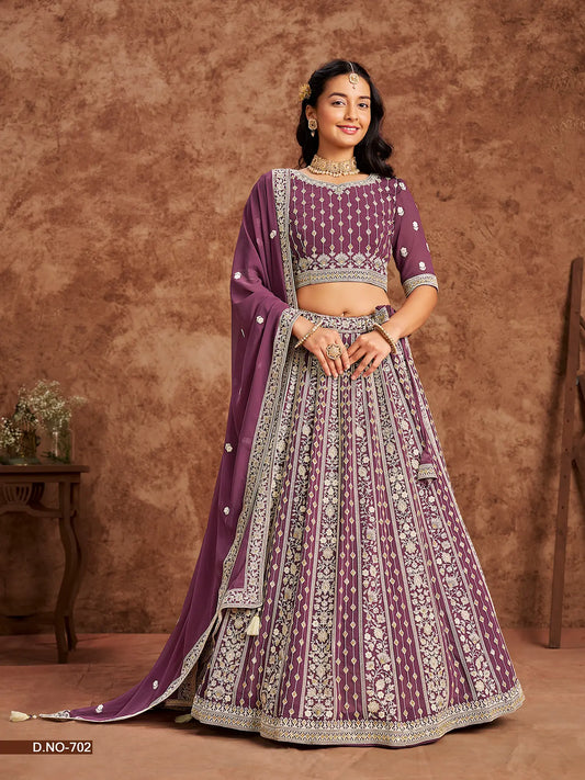 Designer Lehenga Choli aus dunkelmalvenfarbenem Kunstgeorgette mit Fadenstickerei und Pailletten