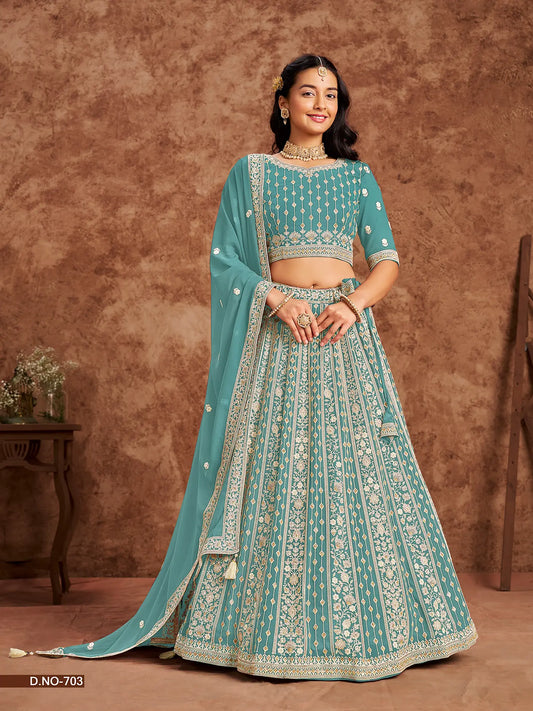 Designer Lehenga Choli aus hellblau-grünem Georgette-Imitat mit Faden- und Paillettenstickerei