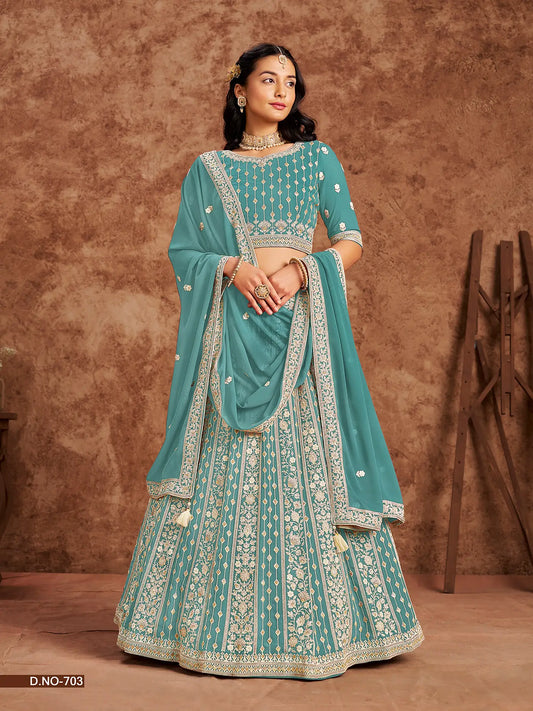 Designer Lehenga Choli aus hellblau-grünem Georgette-Imitat mit Faden- und Paillettenstickerei