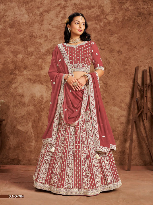 Designer Lehenga Choli aus hellrotem Georgette-Imitat mit Fadenstickerei und Pailletten