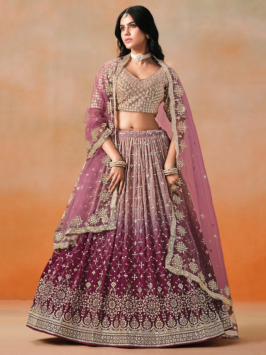 Rosa 3-teiliges Lehenga-Jacken-Set (Koti) mit Stickdetails