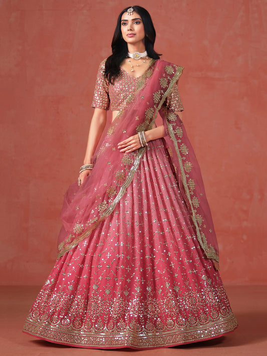Rosa 3-teiliges Lehenga-Jacken-Set (Koti) mit Stickdetails