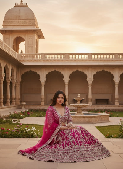Lehenga rose fuchsia somptueux en butterfly net avec broderies de sequins