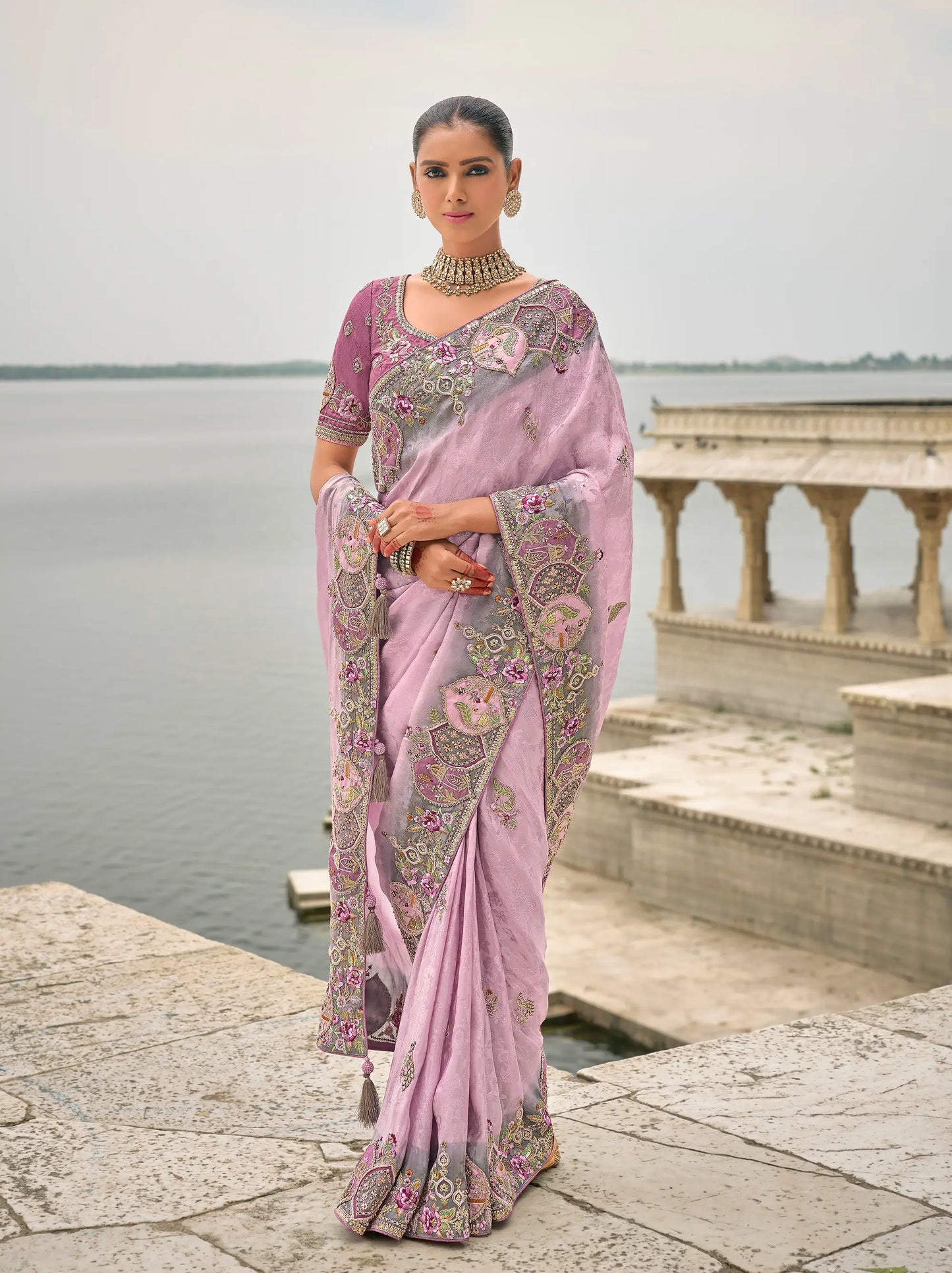 Lavender viscose jacquard sari with embroidery, beads, khatli and zari weaving work 