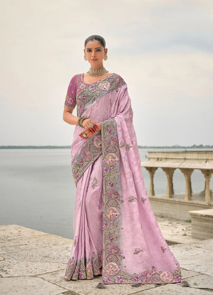 Lavender viscose jacquard sari with embroidery, beads, khatli and zari weaving work 