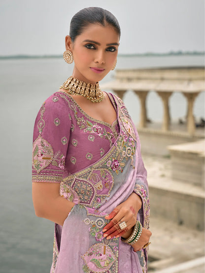 Lavender viscose jacquard sari with embroidery, beads, khatli and zari weaving work 