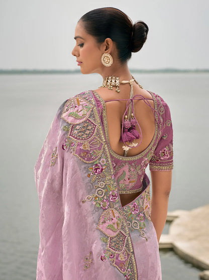 Lavender viscose jacquard sari with embroidery, beads, khatli and zari weaving work 