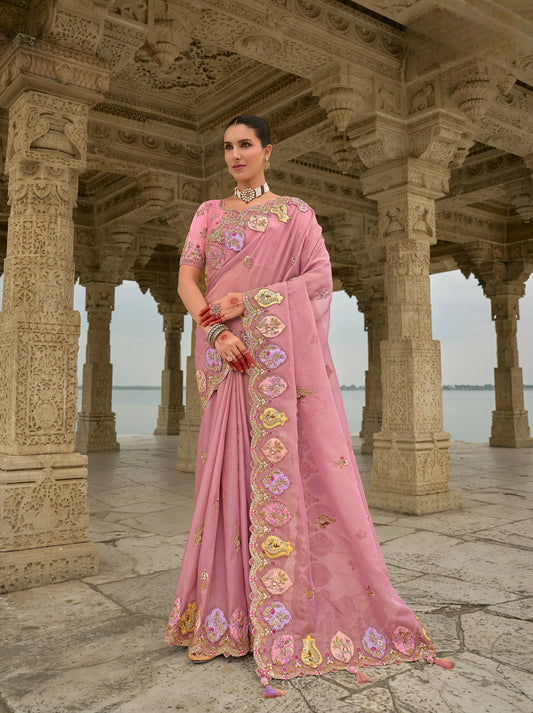 Old pink viscose jacquard sari with embroidery, beads, khatli and zari weaving work