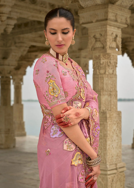 Old pink viscose jacquard sari with embroidery, beads, khatli and zari weaving work