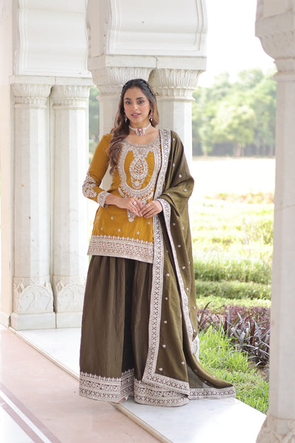 Ensemble Salwar Sharara Jaune Moutarde et Marron Henna COLLECTION SARRA