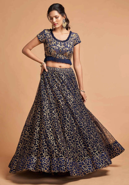Lehenga bleu marine en filet doux avec broderie en zari, badla, dori et fil