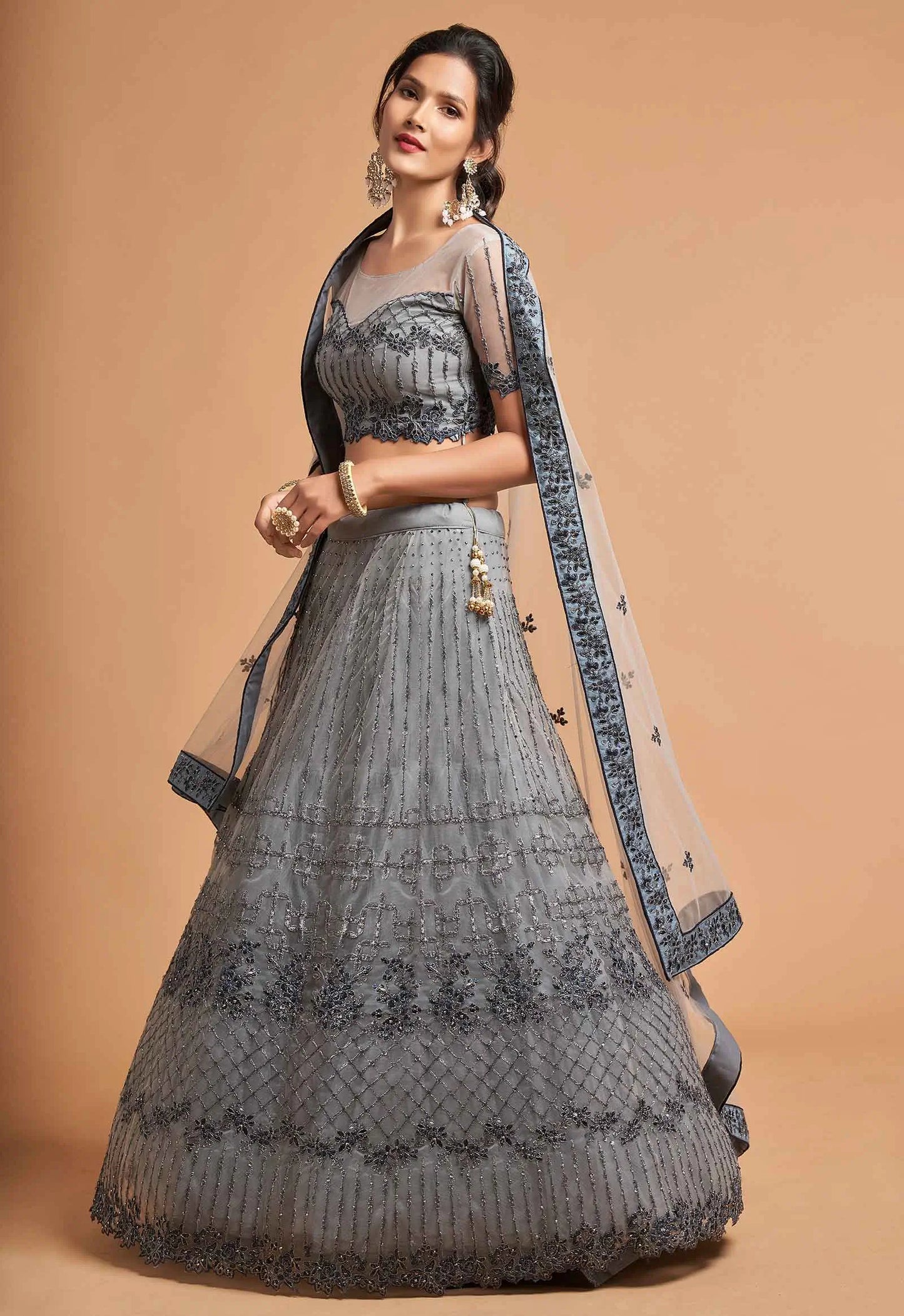 Lehenga en filet doux gris fumé avec broderies en zari, badla, dori et fil