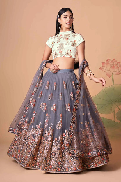 Lehenga en Tulle Gris avec Broderie en Fil, Zari, Dori et Sequins avec Travail de Miroir
