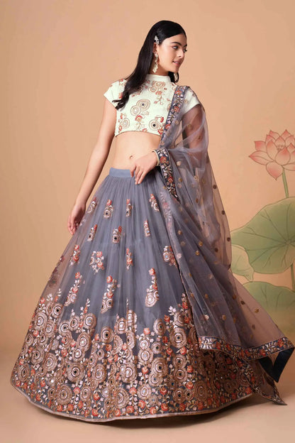Lehenga en Tulle Gris avec Broderie en Fil, Zari, Dori et Sequins avec Travail de Miroir