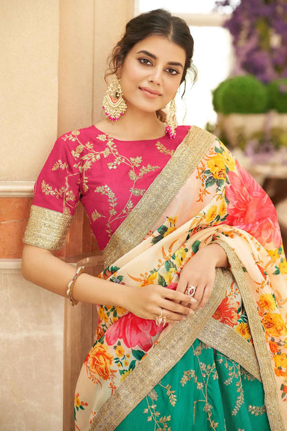 Designer-Lehenga aus türkisfarbener und weißer Kunstseide mit Fadenstickerei, Zari, Dori und Pailletten KAMYA COLLECTION DESIGNER INSPIRATION