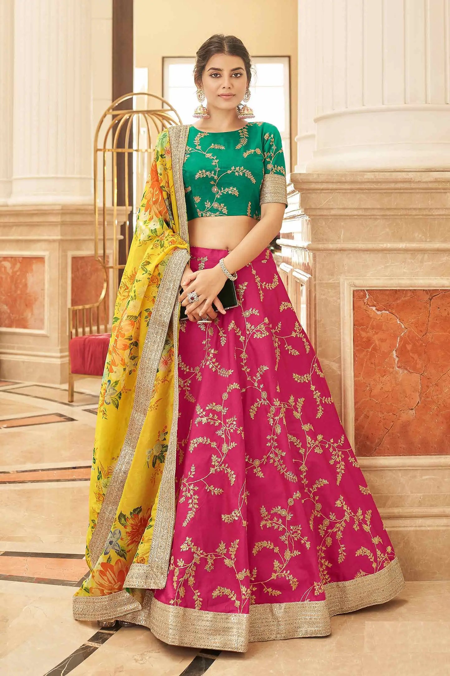Designer Lehenga Choli aus Kunstseide in leuchtenden Farben Pink, Gelb und Grün mit Fadenstickerei, Zari, Dori und Pailletten KAMYA COLLECTION DESIGNER INSPIRATION