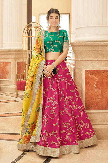 Designer Lehenga Choli aus Kunstseide in leuchtenden Farben Pink, Gelb und Grün mit Fadenstickerei, Zari, Dori und Pailletten KAMYA COLLECTION DESIGNER INSPIRATION
