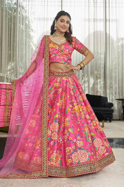 Lehenga choli en soie artificielle rose fuchsia avec imprimé floral digital, broderie dori, sequins et pierres