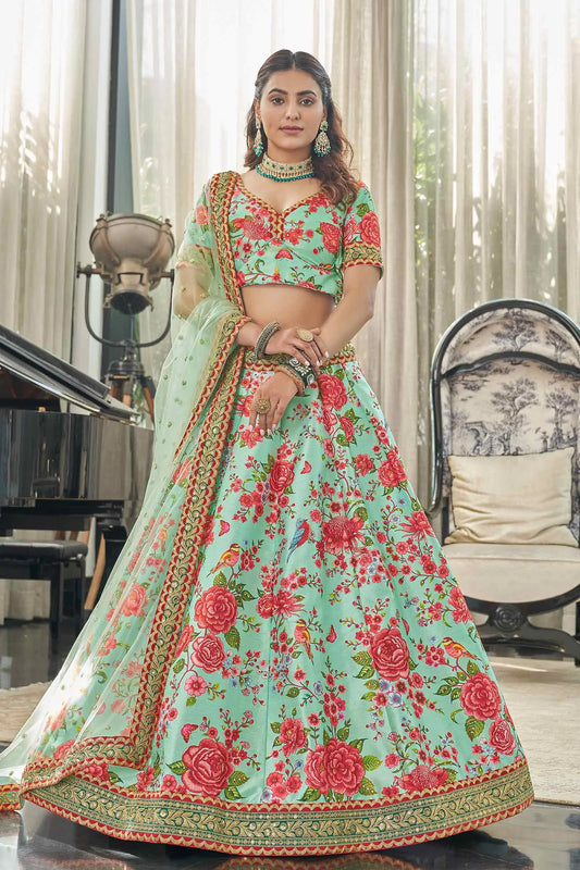 Lehenga en soie artificielle menthe et rouge avec imprimé floral numérique, broderie Dori, sequins et pierres