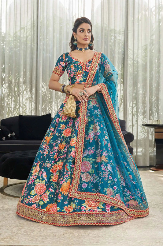 Lehenga en soie artificielle bleu sarcelle avec imprimé floral numérique, broderie Dori, sequins et pierres