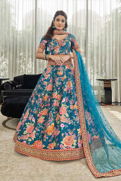 Lehenga en soie artificielle bleu sarcelle avec imprimé floral numérique, broderie Dori, sequins et pierres