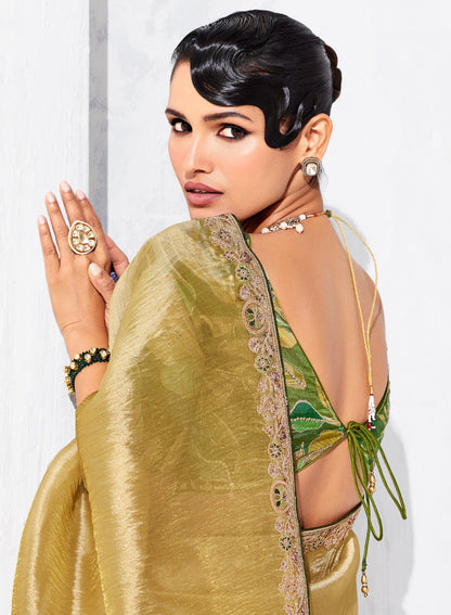 Sari jaune dusty glam organza fantaisie avec broderies COLLECTION LEYAA