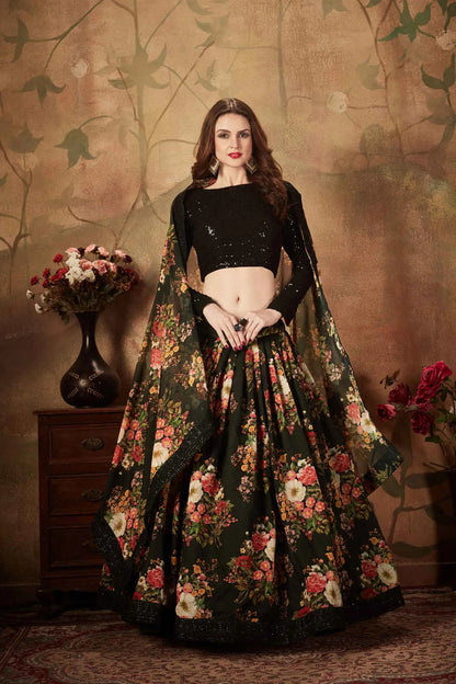 Lehenga en organza noir avec imprimé floral multicolore et travail de sequins