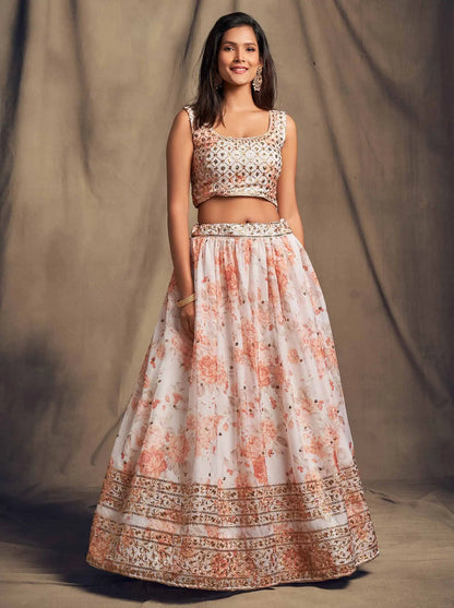 Lehenga en Organza à Imprimé Floral Blanc avec Travaux de Sequins