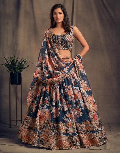 Lehenga en Organza à Imprimé Floral Bleu-vert avec Travaux de Sequins