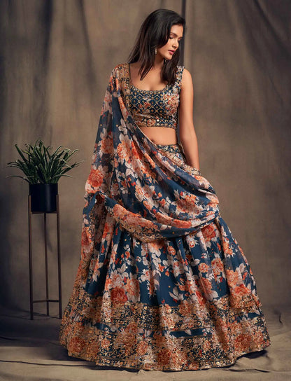 Lehenga en Organza à Imprimé Floral Bleu-vert avec Travaux de Sequins